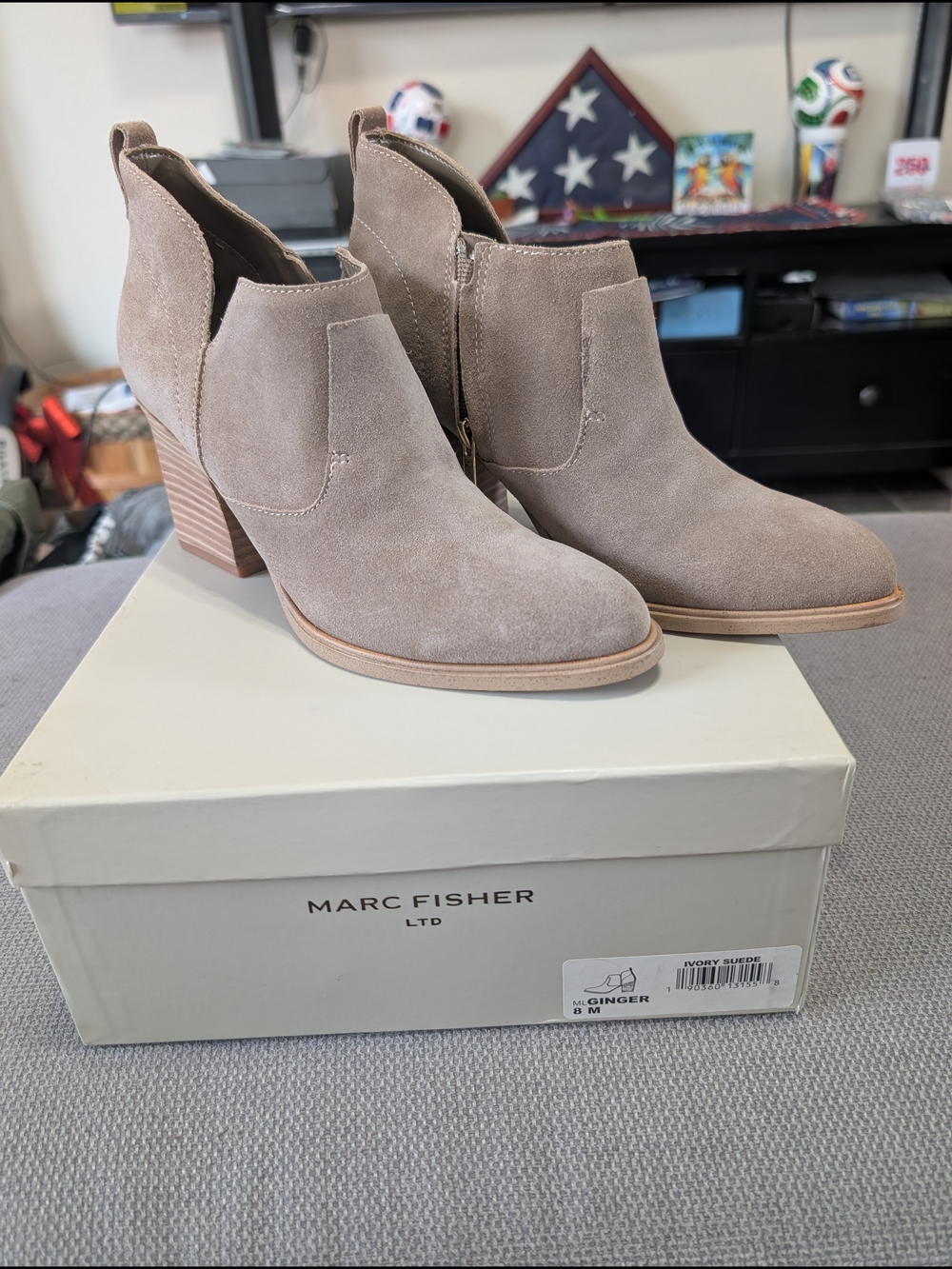 Marc Fisher Suede Almond-Taupe Stacked Heel Ankle Booties